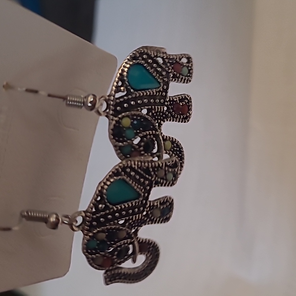 Elegant Silver and  Multicolor Dangle Elephant Earrings - Picture 5 of 6